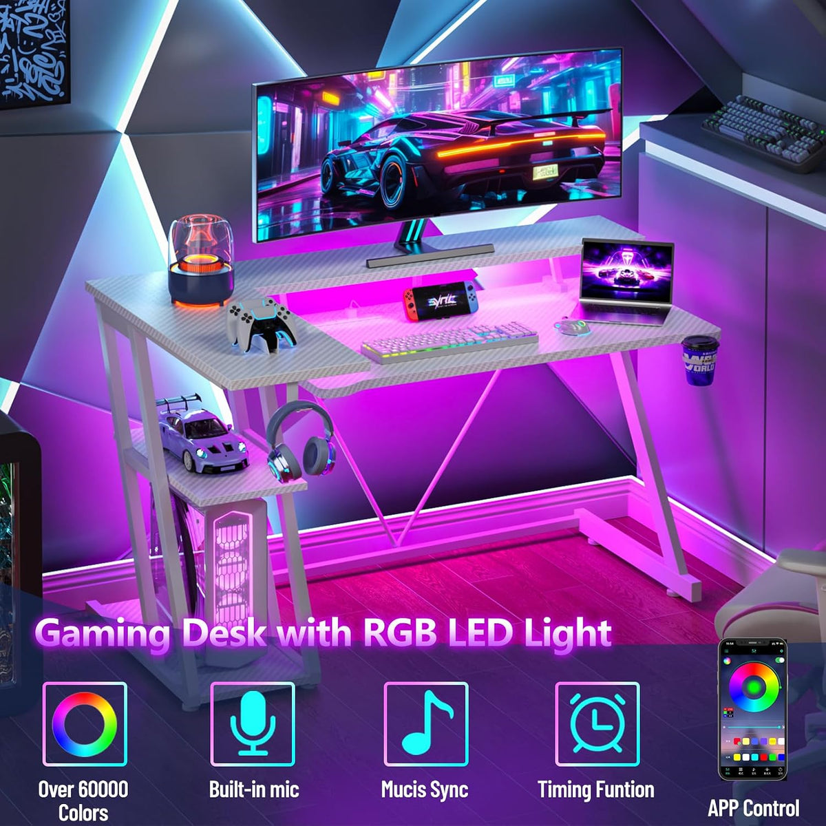 40 Inch Gaming Desk with Power Outlet, LED, Carbon Fiber Black
