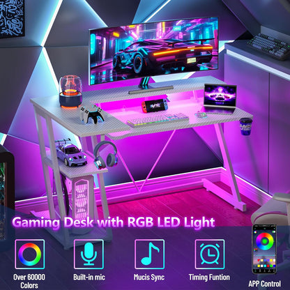 40 Inch Gaming Desk with Power Outlet, LED, Carbon Fiber Black