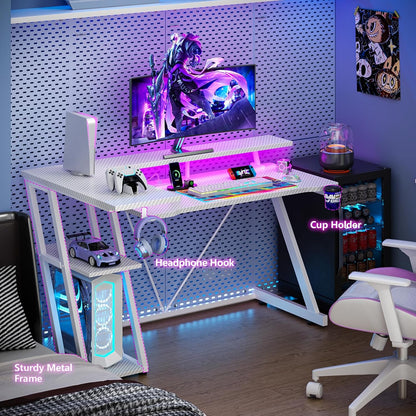 40 Inch Gaming Desk with Power Outlet, LED, Carbon Fiber Black