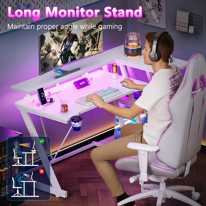 40 Inch Gaming Desk with Power Outlet, LED, Carbon Fiber Black