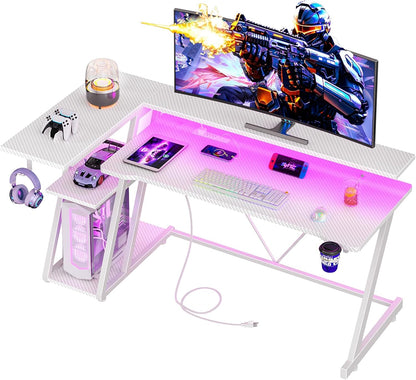 40 Inch Gaming Desk with Power Outlet, LED, Carbon Fiber Black