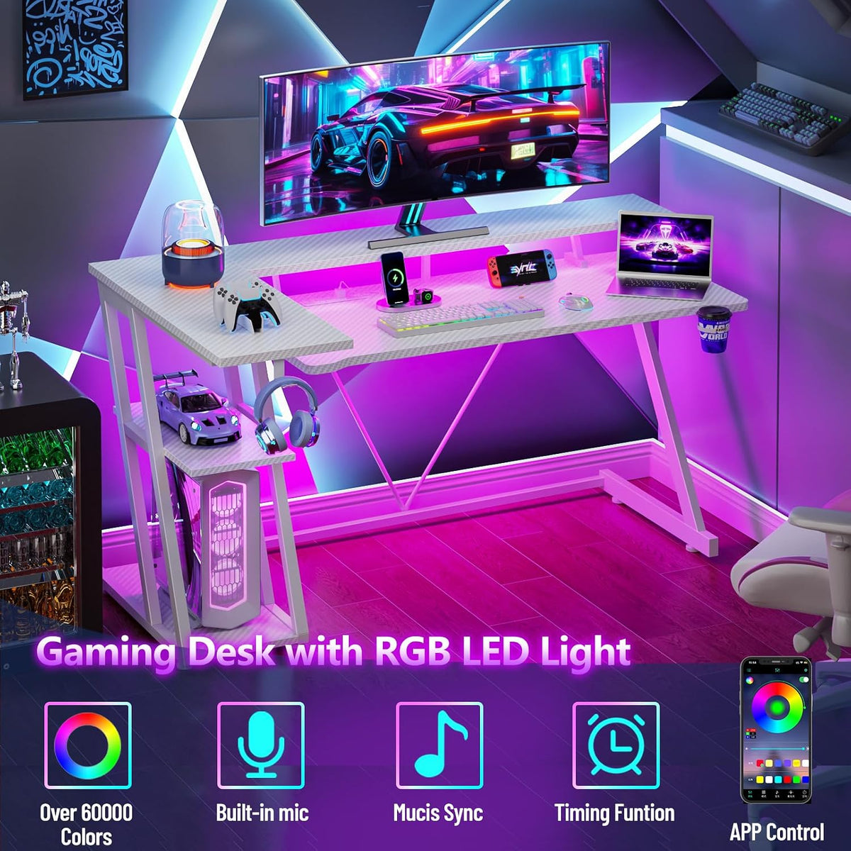 40 Inch Gaming Desk with Power Outlet, LED, Carbon Fiber Black