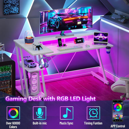 40 Inch Gaming Desk with Power Outlet, LED, Carbon Fiber Black