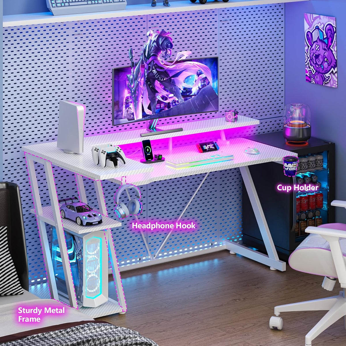 40 Inch Gaming Desk with Power Outlet, LED, Carbon Fiber Black