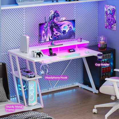 40 Inch Gaming Desk with Power Outlet, LED, Carbon Fiber Black