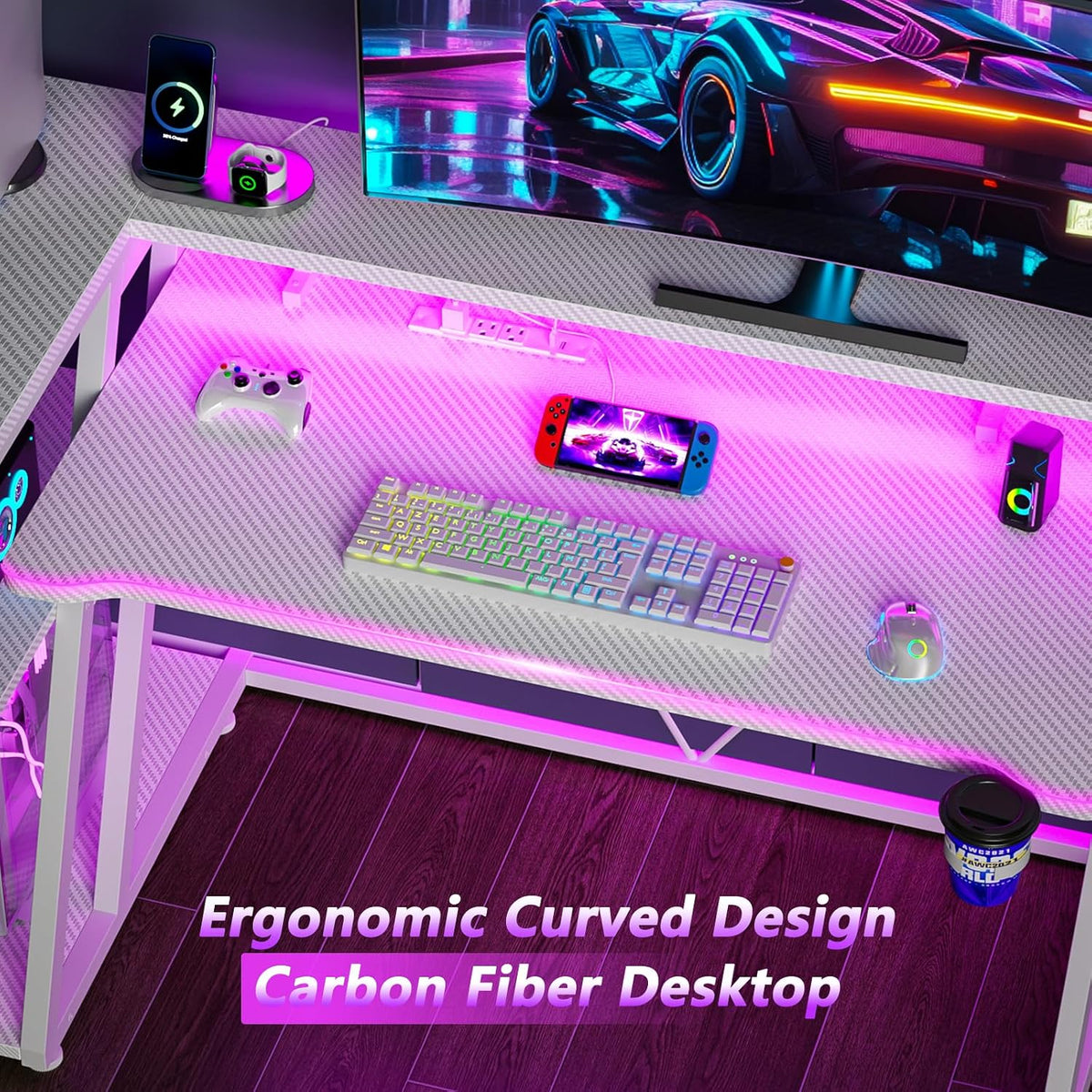 40 Inch Gaming Desk with Power Outlet, LED, Carbon Fiber Black