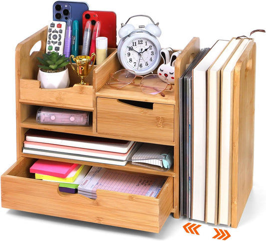 Bamboo Desk Organizer with Adjustable File Holder, Mail Organizer Countertop with Drawer, 4-Tier Desktop Organization and Desk Accessories for Home Office School Supplies, No Assembly Required