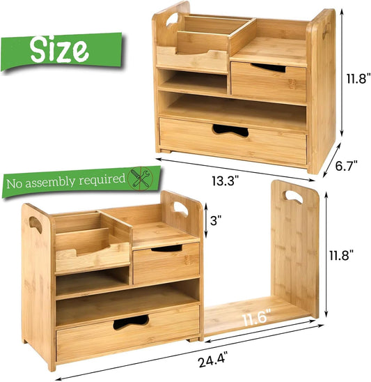 Bamboo Desk Organizer with Adjustable File Holder, Mail Organizer Countertop with Drawer, 4-Tier Desktop Organization and Desk Accessories for Home Office School Supplies, No Assembly Required