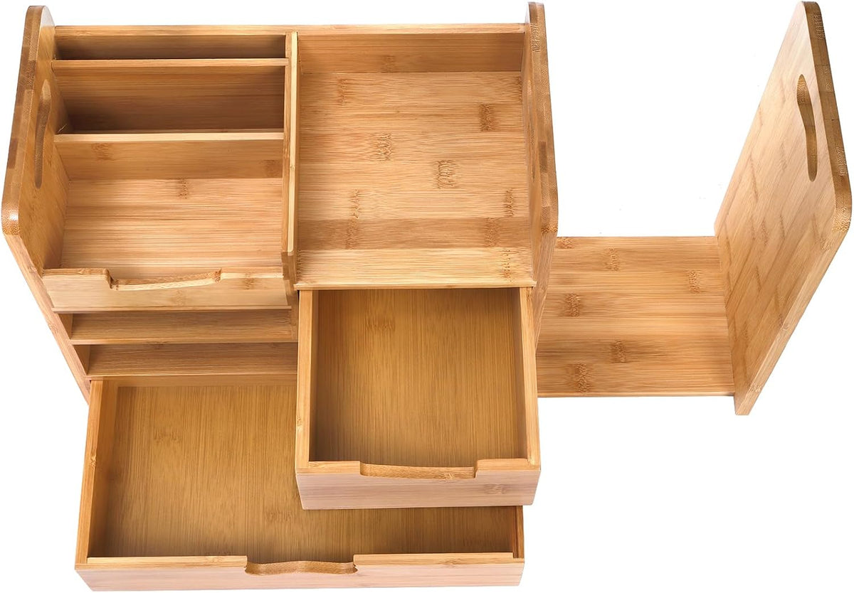 Bamboo Desk Organizer with Adjustable File Holder, Mail Organizer Countertop with Drawer, 4-Tier Desktop Organization and Desk Accessories for Home Office School Supplies, No Assembly Required