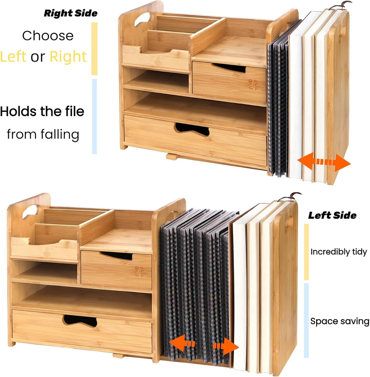 Bamboo Desk Organizer with Adjustable File Holder, Mail Organizer Countertop with Drawer, 4-Tier Desktop Organization and Desk Accessories for Home Office School Supplies, No Assembly Required