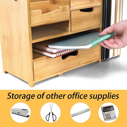 Bamboo Desk Organizer with Adjustable File Holder, Mail Organizer Countertop with Drawer, 4-Tier Desktop Organization and Desk Accessories for Home Office School Supplies, No Assembly Required