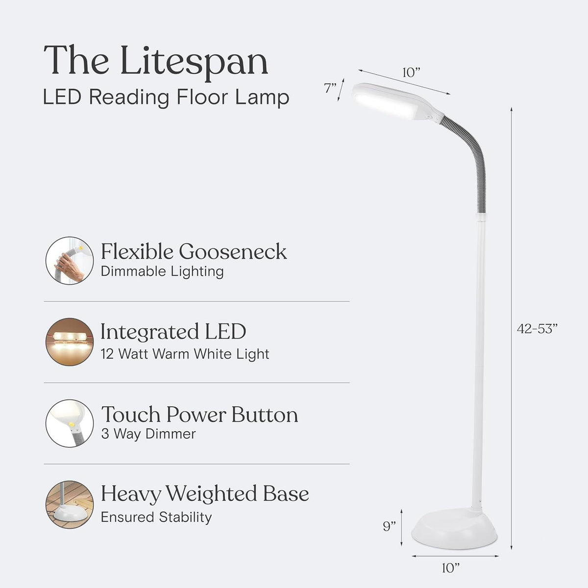 Litespan - Bright LED Floor Reading Lamp for Over Chair Crafts and Reading, Estheticians' Light for Lash Extensions, Adjustable Standing Lamp for Living Room, Bedroom, Office - White