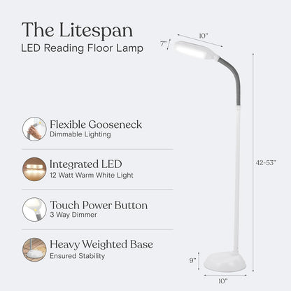 Litespan - Bright LED Floor Reading Lamp for Over Chair Crafts and Reading, Estheticians' Light for Lash Extensions, Adjustable Standing Lamp for Living Room, Bedroom, Office - White