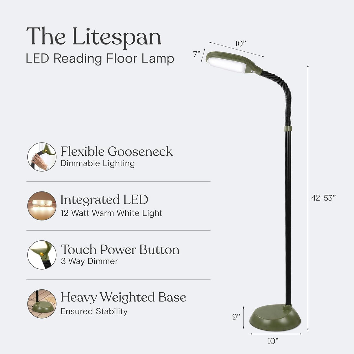Litespan - Bright LED Floor Reading Lamp for Over Chair Crafts and Reading, Estheticians' Light for Lash Extensions, Adjustable Standing Lamp for Living Room, Bedroom, Office - White