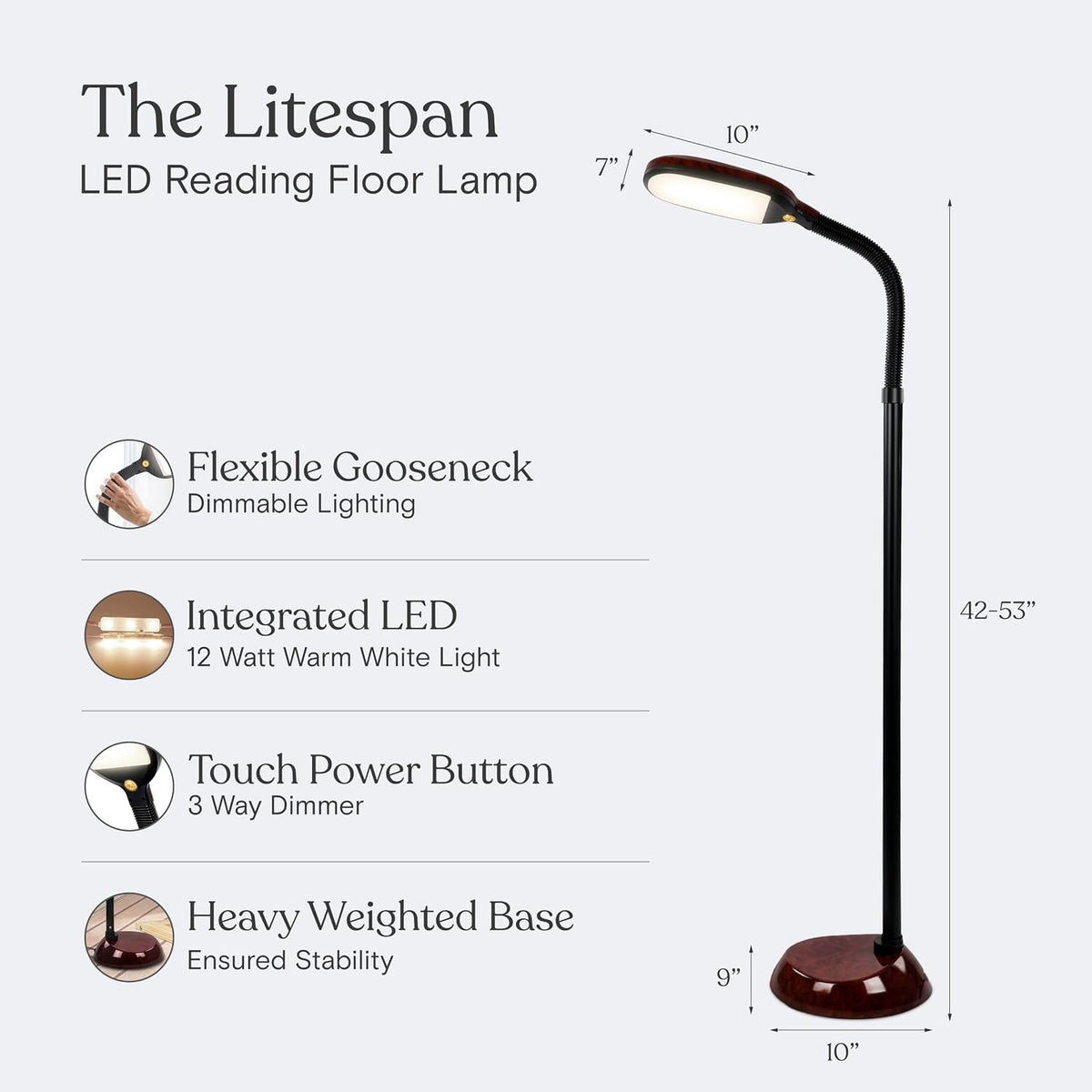 Litespan - Bright LED Floor Reading Lamp for Over Chair Crafts and Reading, Estheticians' Light for Lash Extensions, Adjustable Standing Lamp for Living Room, Bedroom, Office - White