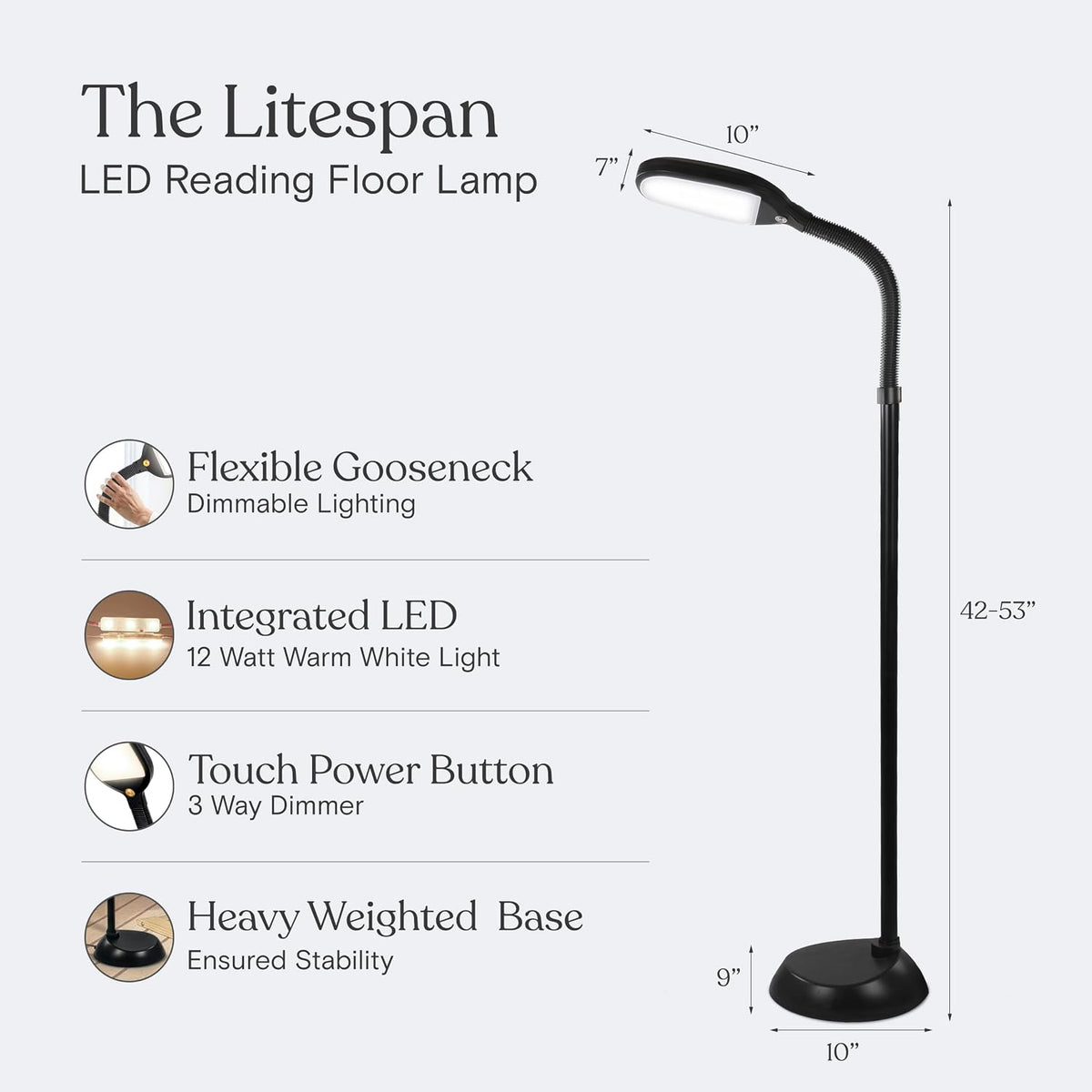 Litespan - Bright LED Floor Reading Lamp for Over Chair Crafts and Reading, Estheticians' Light for Lash Extensions, Adjustable Standing Lamp for Living Room, Bedroom, Office - White
