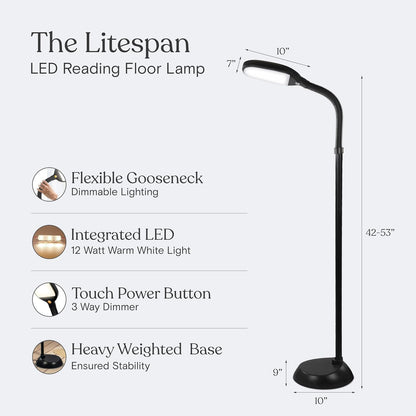 Litespan - Bright LED Floor Reading Lamp for Over Chair Crafts and Reading, Estheticians' Light for Lash Extensions, Adjustable Standing Lamp for Living Room, Bedroom, Office - White