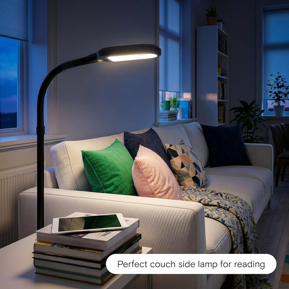 Litespan - Bright LED Floor Reading Lamp for Over Chair Crafts and Reading, Estheticians' Light for Lash Extensions, Adjustable Standing Lamp for Living Room, Bedroom, Office - White