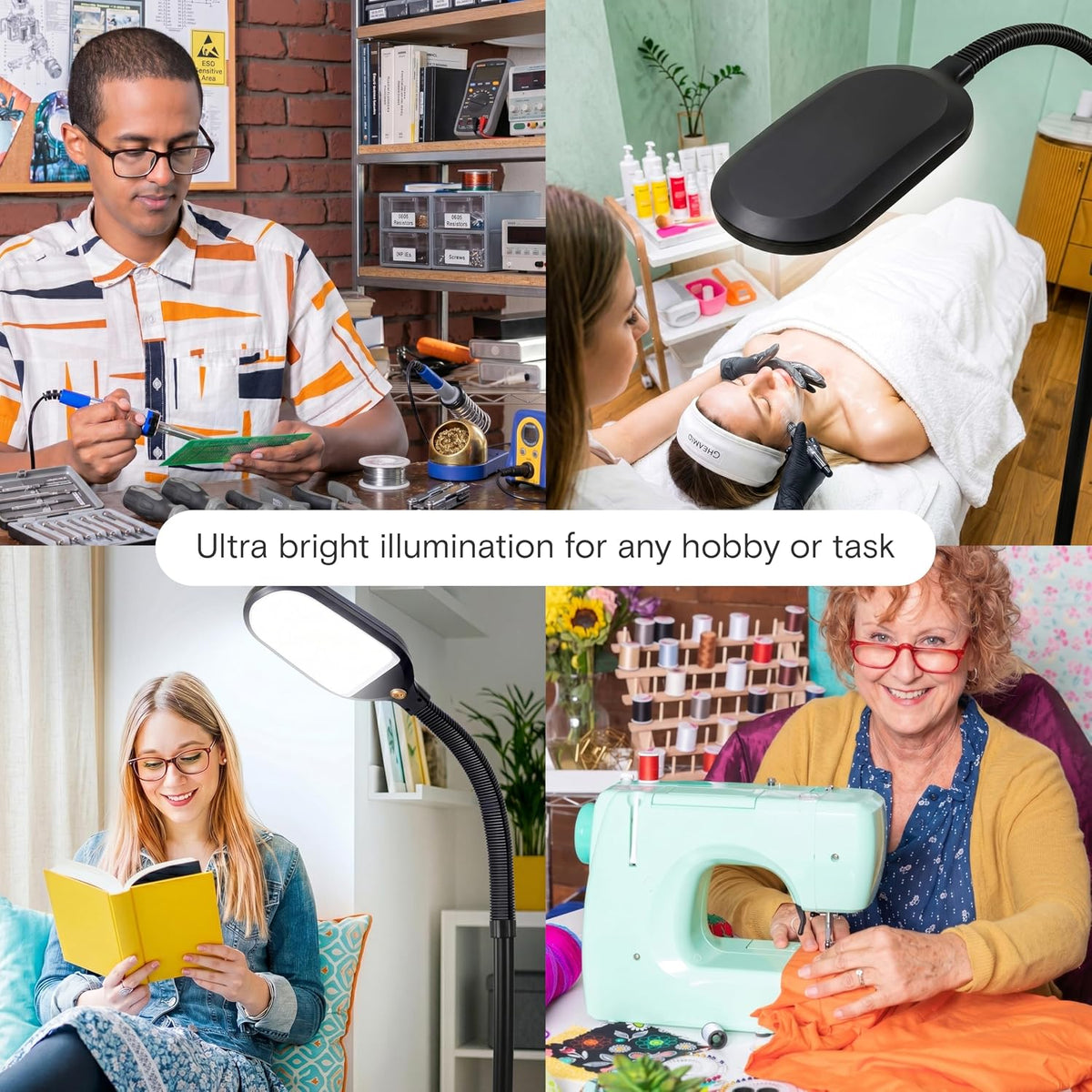 Litespan - Bright LED Floor Reading Lamp for Over Chair Crafts and Reading, Estheticians' Light for Lash Extensions, Adjustable Standing Lamp for Living Room, Bedroom, Office - White