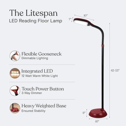 Litespan - Bright LED Floor Reading Lamp for Over Chair Crafts and Reading, Estheticians' Light for Lash Extensions, Adjustable Standing Lamp for Living Room, Bedroom, Office - White