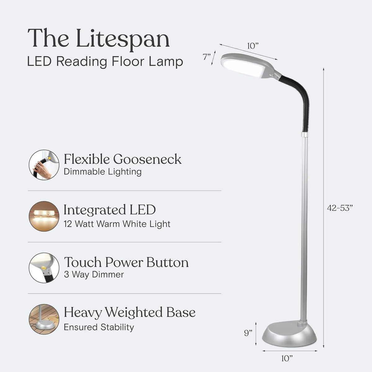 Litespan - Bright LED Floor Reading Lamp for Over Chair Crafts and Reading, Estheticians' Light for Lash Extensions, Adjustable Standing Lamp for Living Room, Bedroom, Office - White