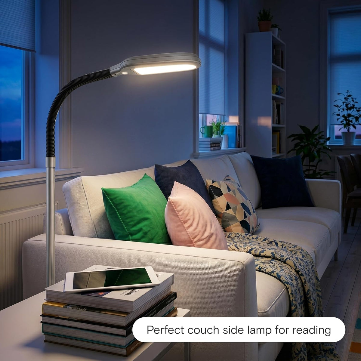 Litespan - Bright LED Floor Reading Lamp for Over Chair Crafts and Reading, Estheticians' Light for Lash Extensions, Adjustable Standing Lamp for Living Room, Bedroom, Office - White