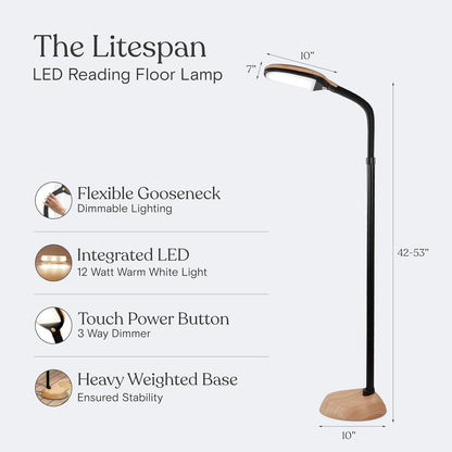 Litespan - Bright LED Floor Reading Lamp for Over Chair Crafts and Reading, Estheticians' Light for Lash Extensions, Adjustable Standing Lamp for Living Room, Bedroom, Office - White