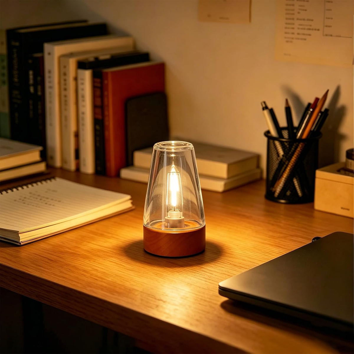 Exquisite Glass Small Night Light, Battery Powered Cordless, Auto Cycle Timer Function, Warm Glow Mini Portable Lamp for Bedroom, Nightstand, Bathroom, Desk, Bookshelf
