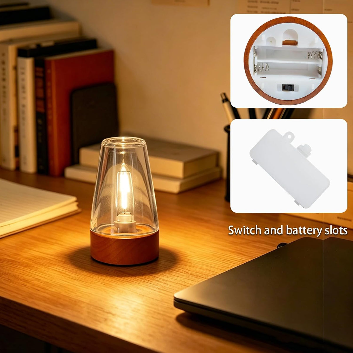 Exquisite Glass Small Night Light, Battery Powered Cordless, Auto Cycle Timer Function, Warm Glow Mini Portable Lamp for Bedroom, Nightstand, Bathroom, Desk, Bookshelf