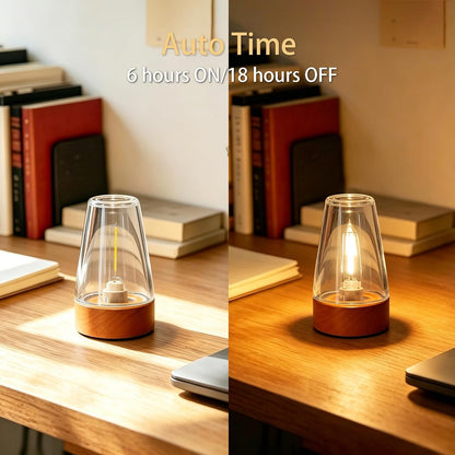 Exquisite Glass Small Night Light, Battery Powered Cordless, Auto Cycle Timer Function, Warm Glow Mini Portable Lamp for Bedroom, Nightstand, Bathroom, Desk, Bookshelf