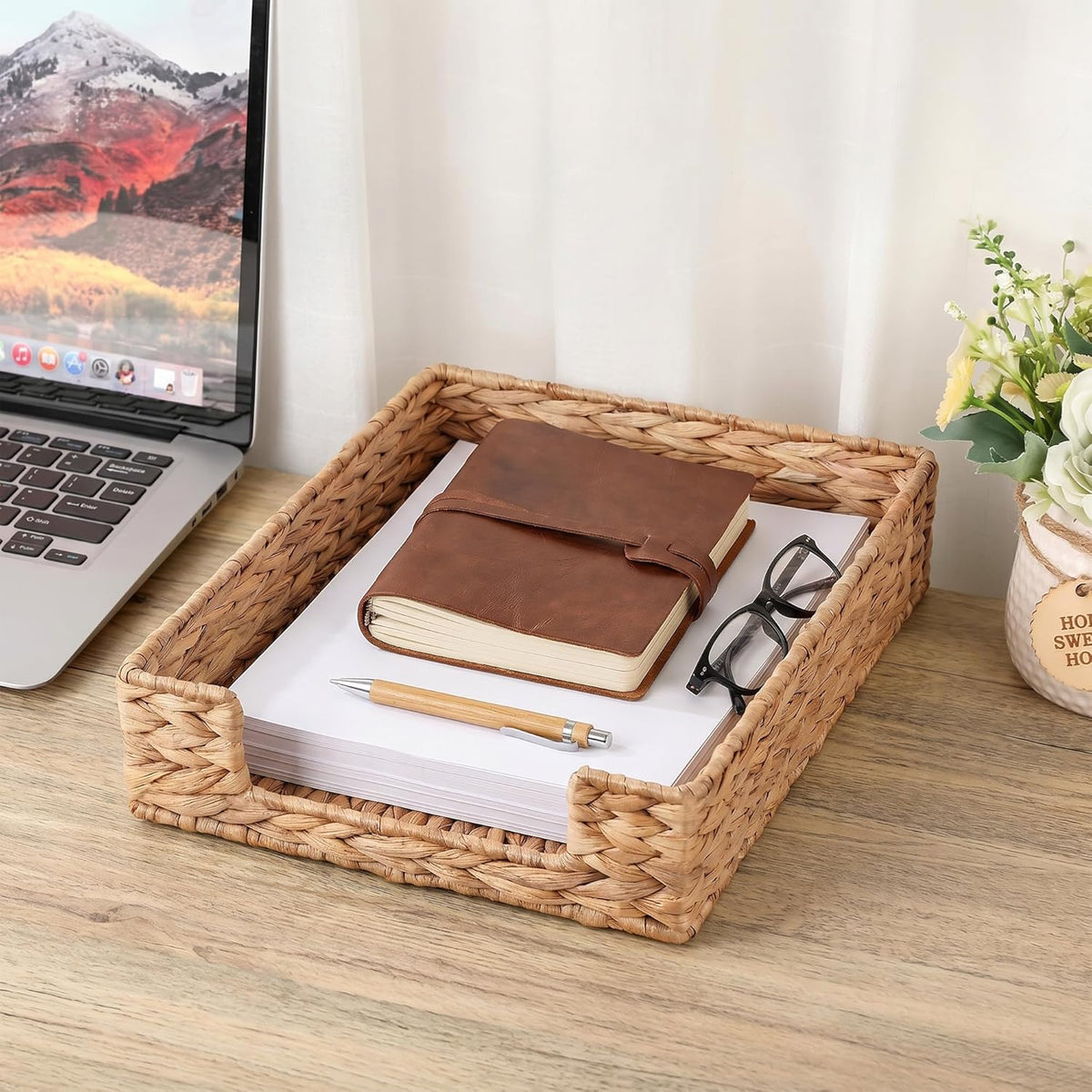 Letter Tray Water Hyacinth, Wicker Desk Organizer for Office Supplies Mail