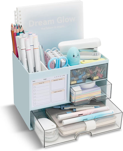 Desk Organizer with 3 Drawer, Multi-Functional Pencil Pen Holder for Desk, Desk Organizers and Storage with 8 Compartments, Desktop Organizer for Office Home Art Supplies (White)