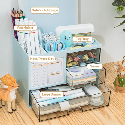 Desk Organizer with 3 Drawer, Multi-Functional Pencil Pen Holder for Desk, Desk Organizers and Storage with 8 Compartments, Desktop Organizer for Office Home Art Supplies (White)