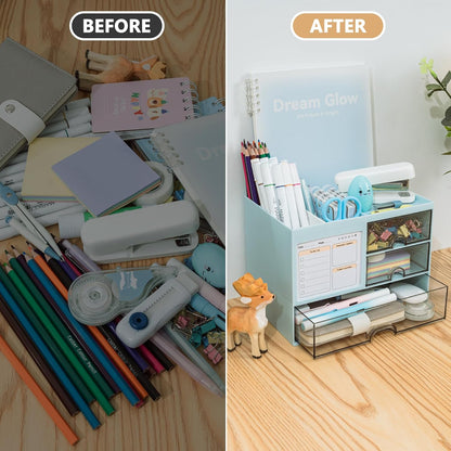 Desk Organizer with 3 Drawer, Multi-Functional Pencil Pen Holder for Desk, Desk Organizers and Storage with 8 Compartments, Desktop Organizer for Office Home Art Supplies (White)