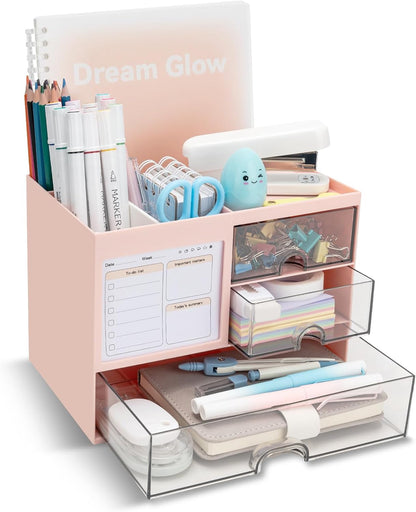 Desk Organizer with 3 Drawer, Multi-Functional Pencil Pen Holder for Desk, Desk Organizers and Storage with 8 Compartments, Desktop Organizer for Office Home Art Supplies (White)
