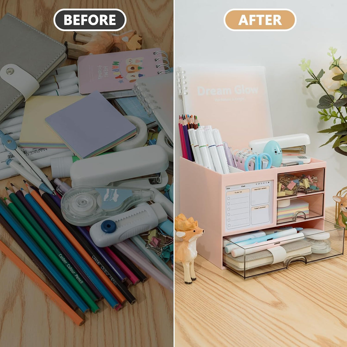 Desk Organizer with 3 Drawer, Multi-Functional Pencil Pen Holder for Desk, Desk Organizers and Storage with 8 Compartments, Desktop Organizer for Office Home Art Supplies (White)