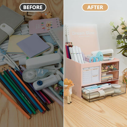Desk Organizer with 3 Drawer, Multi-Functional Pencil Pen Holder for Desk, Desk Organizers and Storage with 8 Compartments, Desktop Organizer for Office Home Art Supplies (White)
