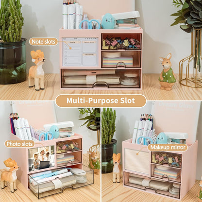 Desk Organizer with 3 Drawer, Multi-Functional Pencil Pen Holder for Desk, Desk Organizers and Storage with 8 Compartments, Desktop Organizer for Office Home Art Supplies (White)