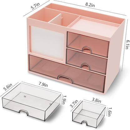 Desk Organizer with 3 Drawer, Multi-Functional Pencil Pen Holder for Desk, Desk Organizers and Storage with 8 Compartments, Desktop Organizer for Office Home Art Supplies (White)