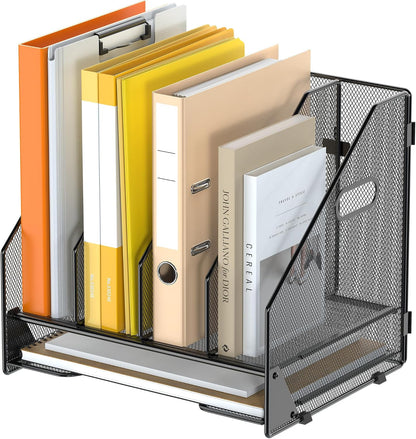 4 Vertical Mesh Desk Organizer with Paper Letter Tray, Black