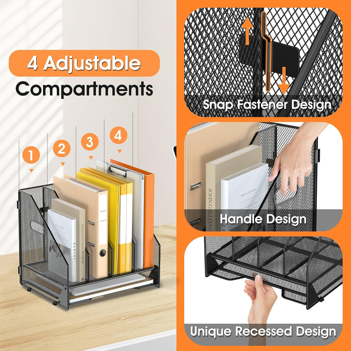 4 Vertical Mesh Desk Organizer with Paper Letter Tray, Black