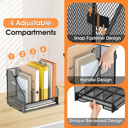 4 Vertical Mesh Desk Organizer with Paper Letter Tray, Black