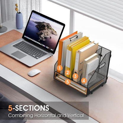 4 Vertical Mesh Desk Organizer with Paper Letter Tray, Black