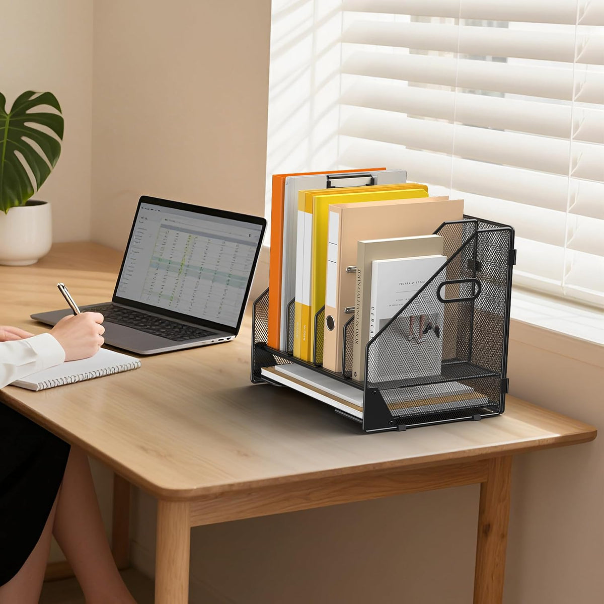 4 Vertical Mesh Desk Organizer with Paper Letter Tray, Black