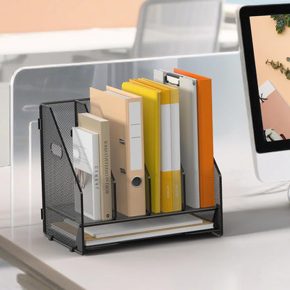 4 Vertical Mesh Desk Organizer with Paper Letter Tray, Black