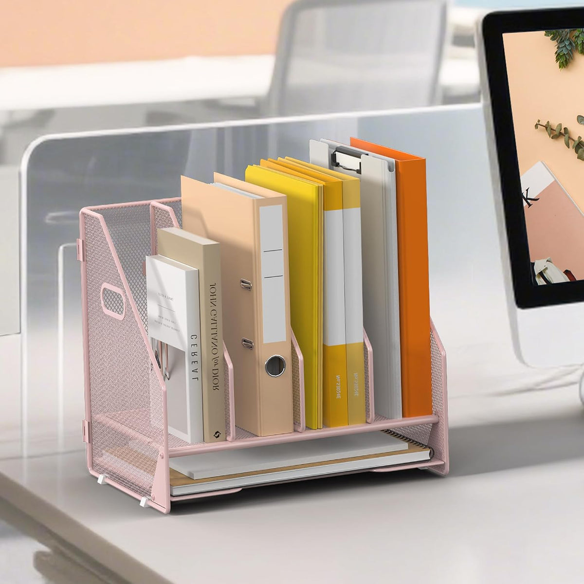 4 Vertical Mesh Desk Organizer with Paper Letter Tray, Black
