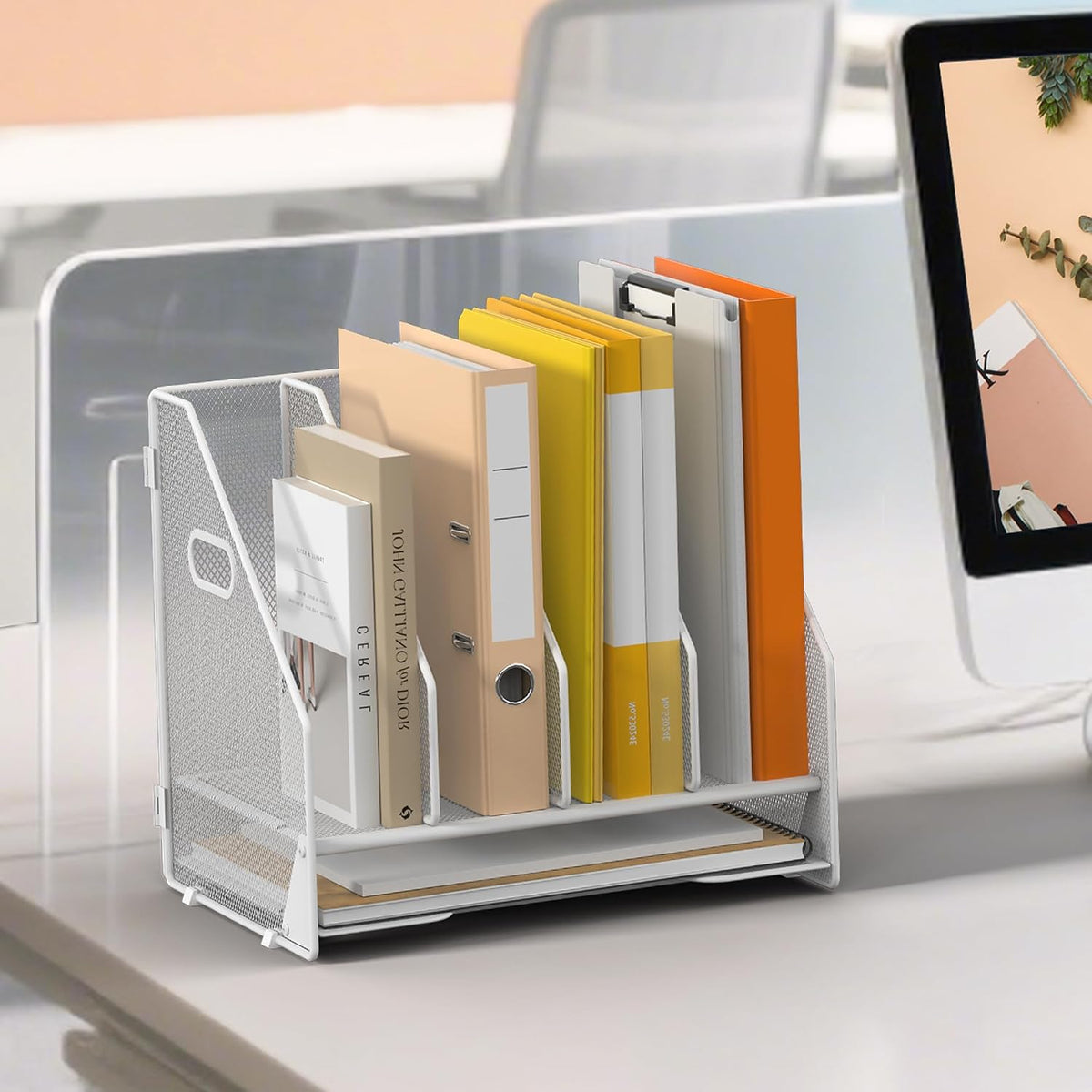4 Vertical Mesh Desk Organizer with Paper Letter Tray, Black