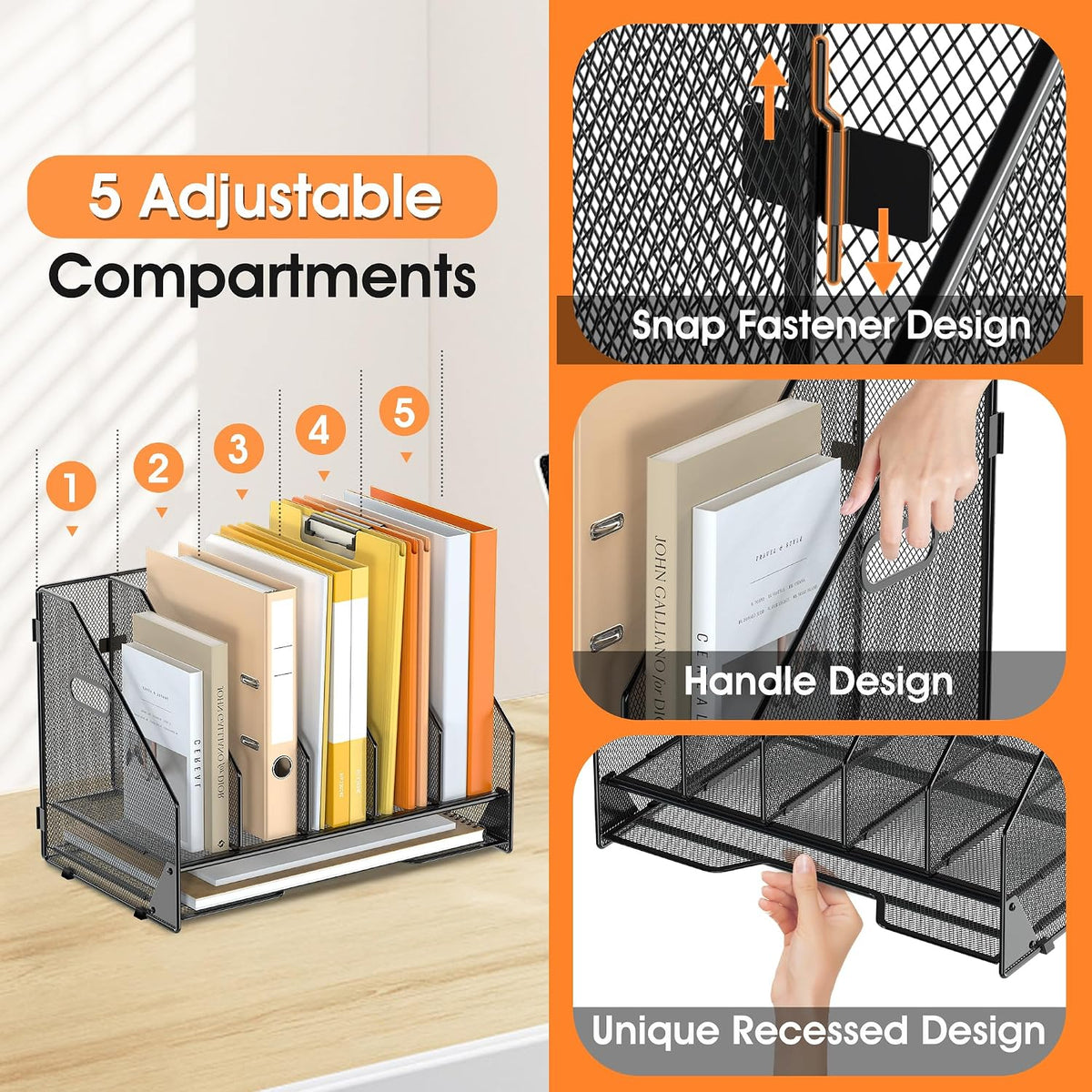 4 Vertical Mesh Desk Organizer with Paper Letter Tray, Black
