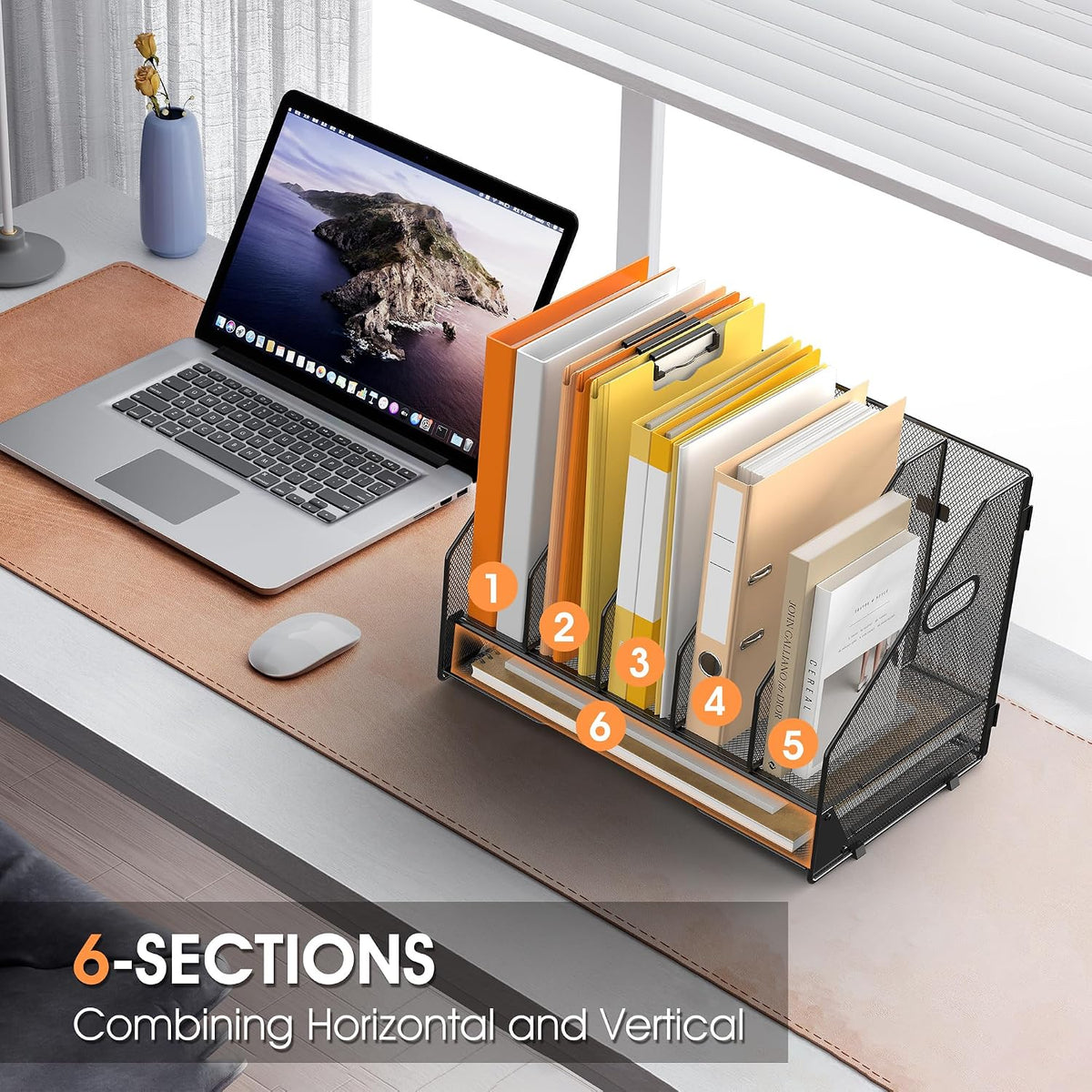 4 Vertical Mesh Desk Organizer with Paper Letter Tray, Black
