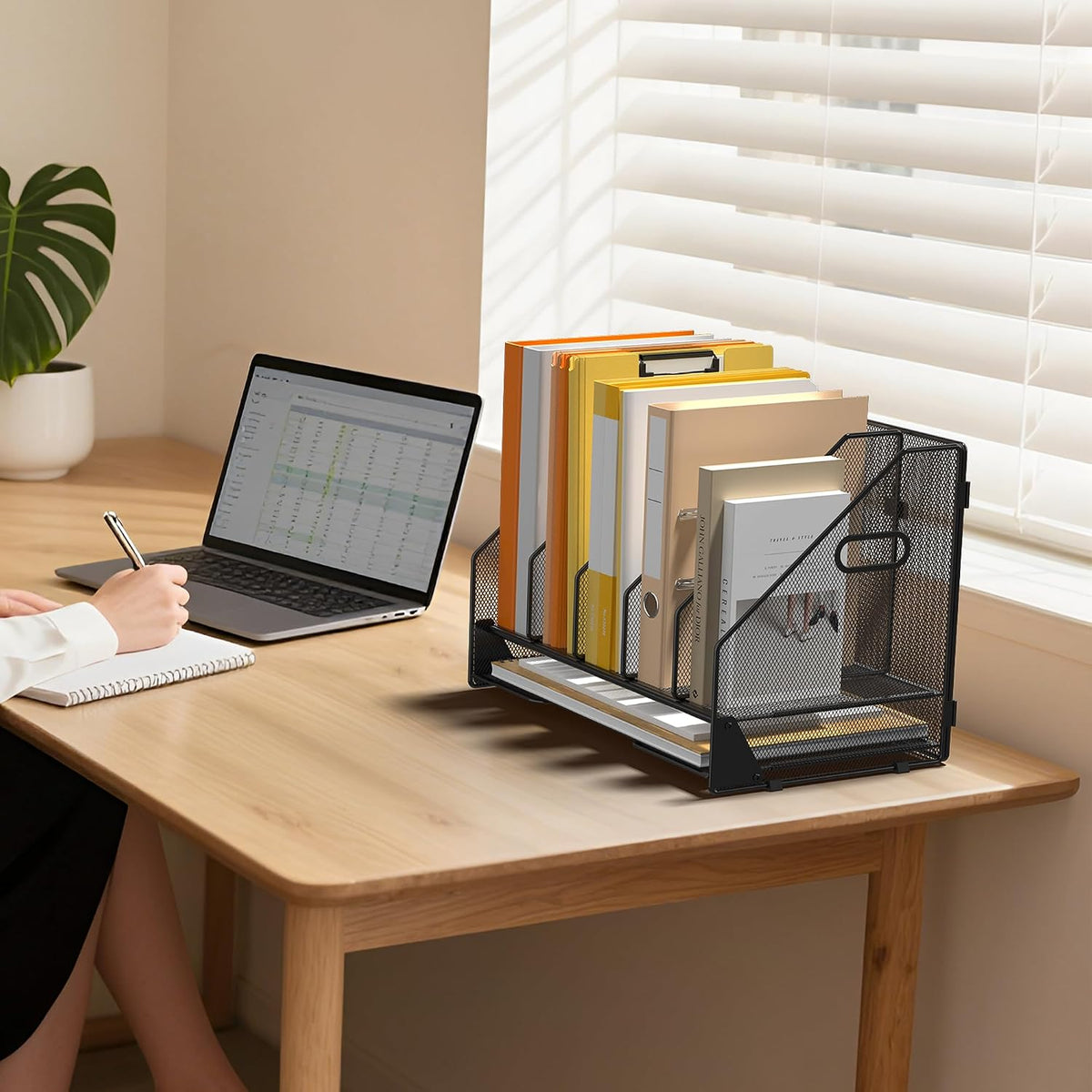 4 Vertical Mesh Desk Organizer with Paper Letter Tray, Black
